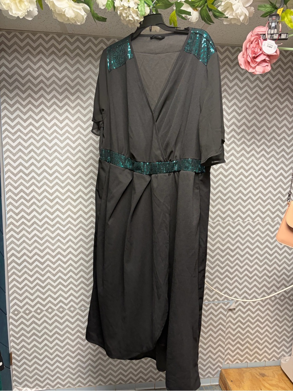 BloomChic Elegant Black Wrap style Dress with Teal Sequin Accents